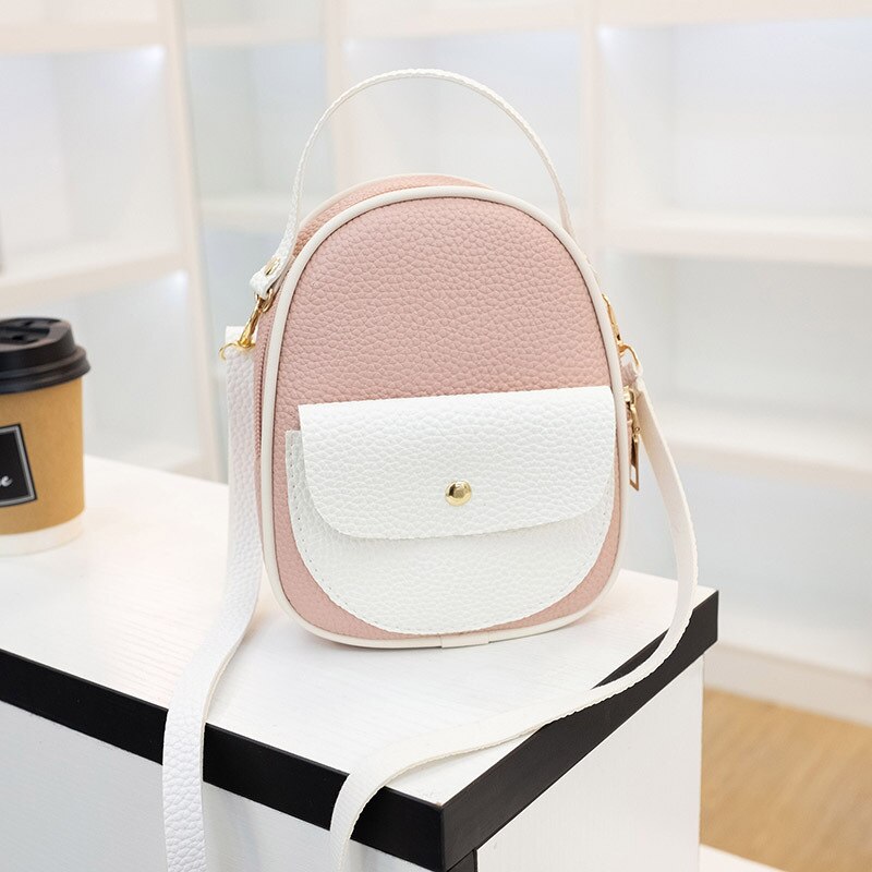 Dames contrasterende kleur reliëf leren rugzak crossbody/schoudertas mobiele telefoonhoesje kleine rugzak: Roze