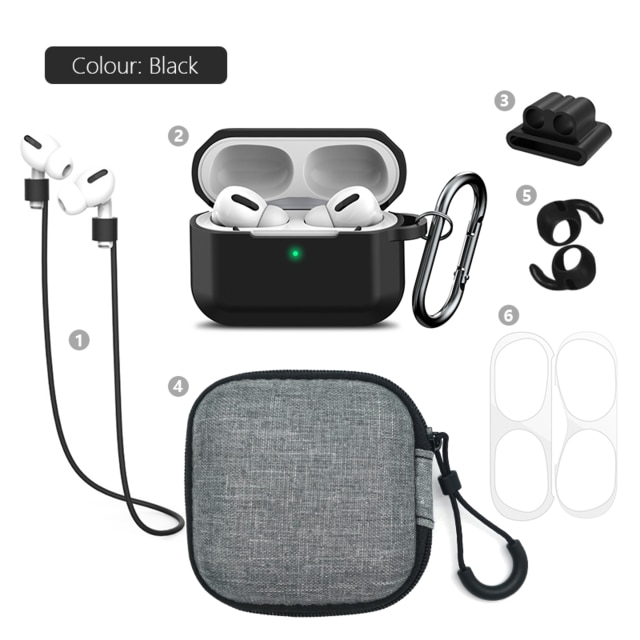 Funda gruesa 6 en 1 para auriculares Airpods Pro, conjunto de almacenamiento para auriculares Bluetooth, cubierta protectora para Digital, producto de almacenamiento ALLK: 6in1ProBlackA