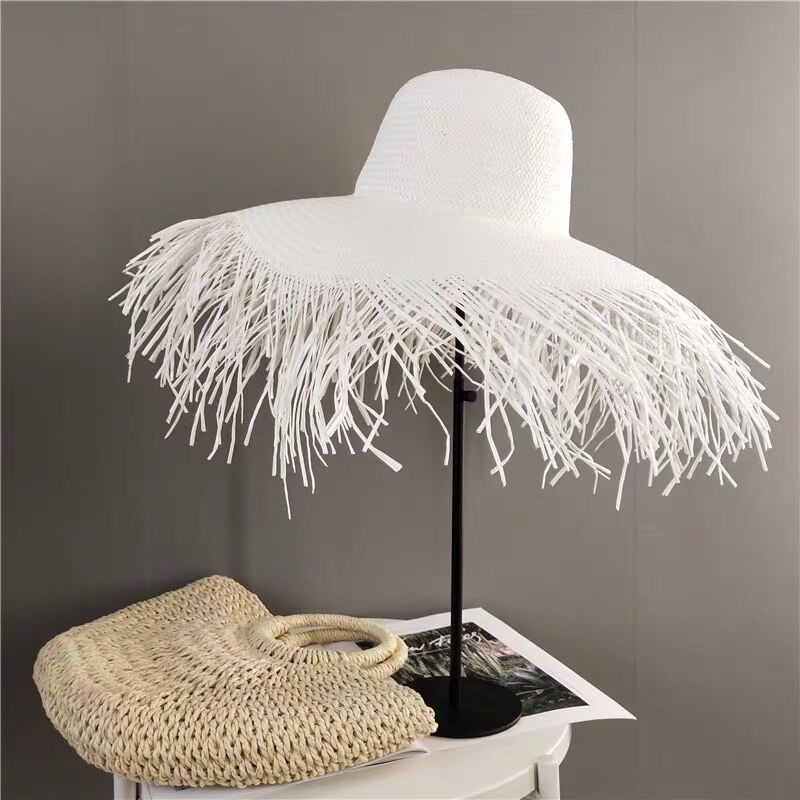 Sombreros de paja de ala grande para mujer, gorros de playa, de verano: White
