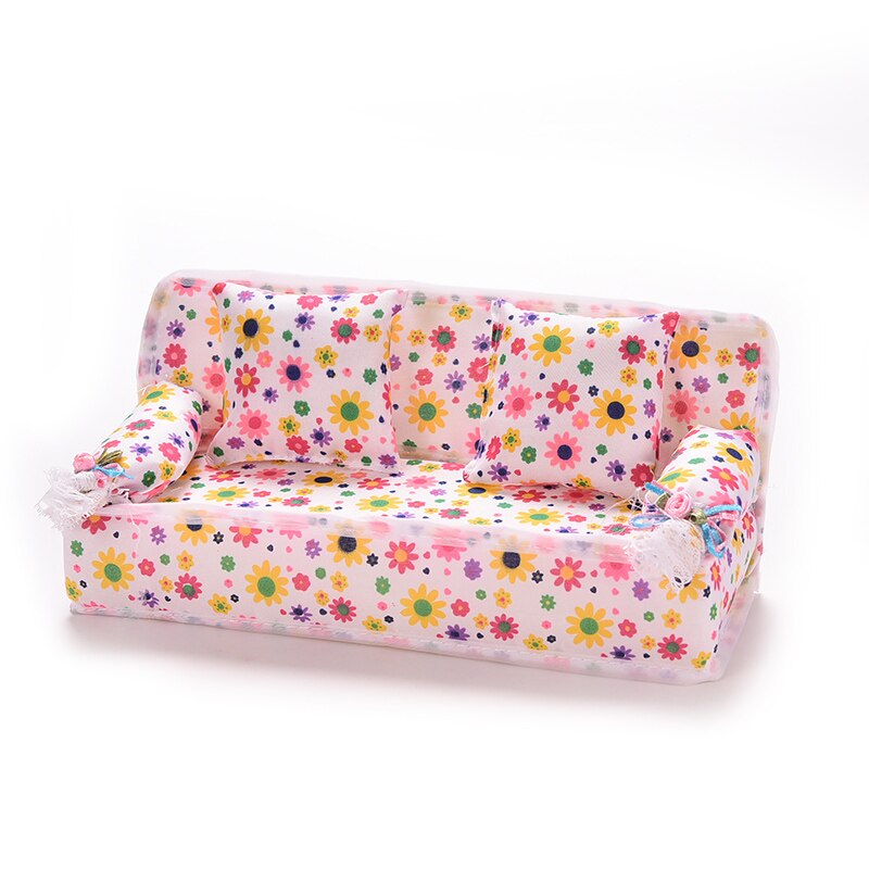 1Set Mini Poppenhuis Meubels Bloem Doek Sofa Couch Met 2 Volledige Kussens Voor Poppenhuis Speelgoed