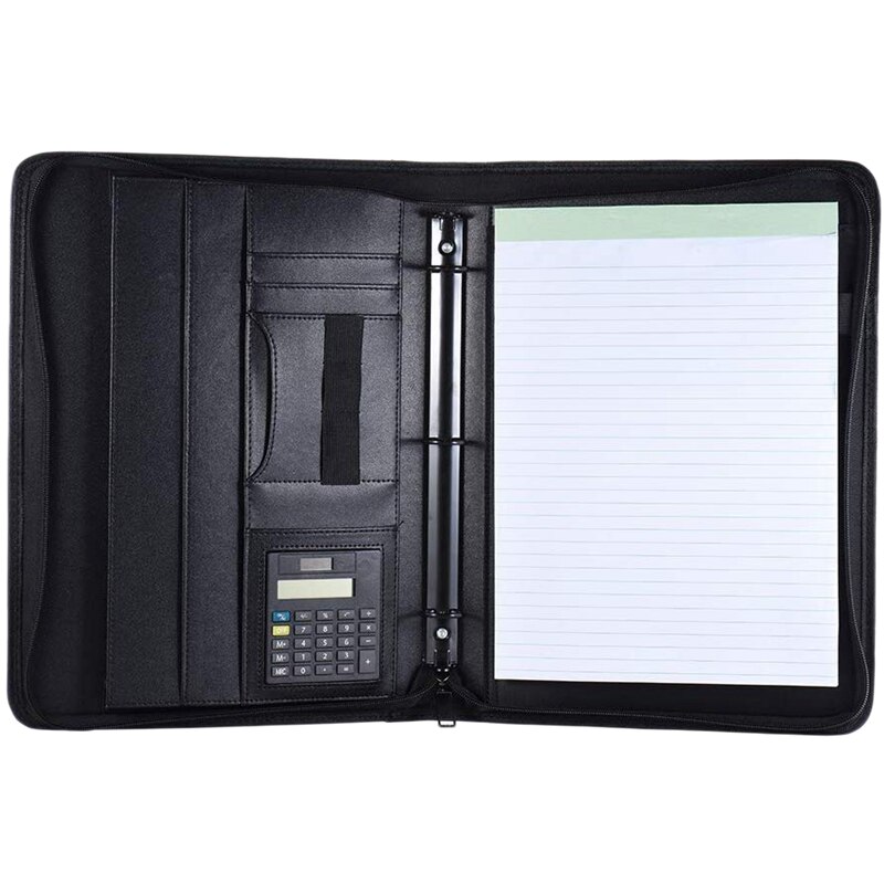 A4 Leather Business Portfolio Padfolio Folder with Business Card U Flash Disk Holder Memo Note Pad Loose-Leaf Loop