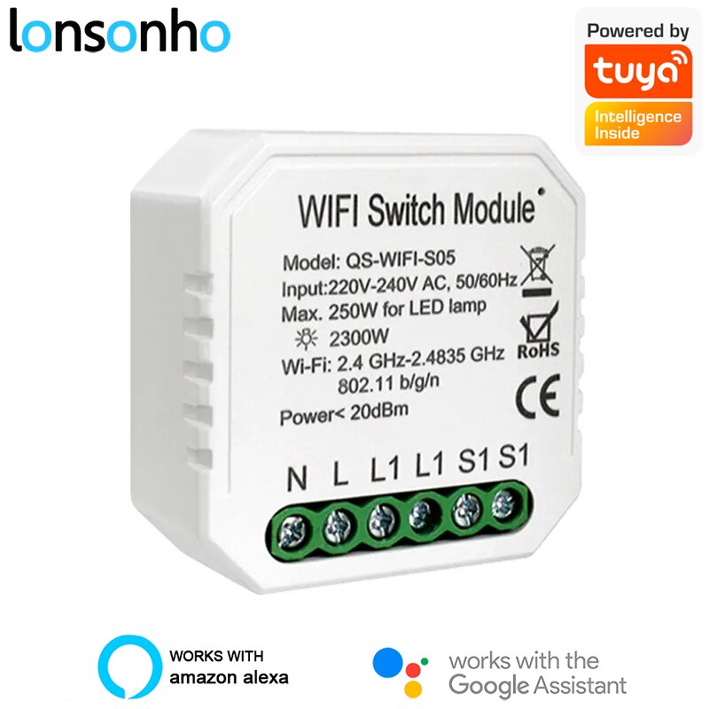 Lonsonho Tuya Smart Wifi Switch Relay 220V EU 1 2 Gang Switches Smartlife Compatible Alexa Google Home Mini Assistant