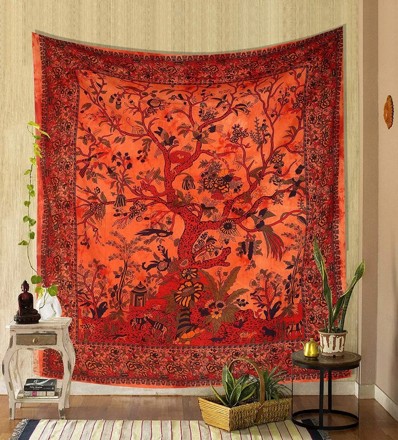 Tapiz verde árbol de la vida para colgar en la pared, tapiz psicodélico, tela de cama doble de algodón indio, tela de Picnic para pared: 140 x 200 cm / Breen