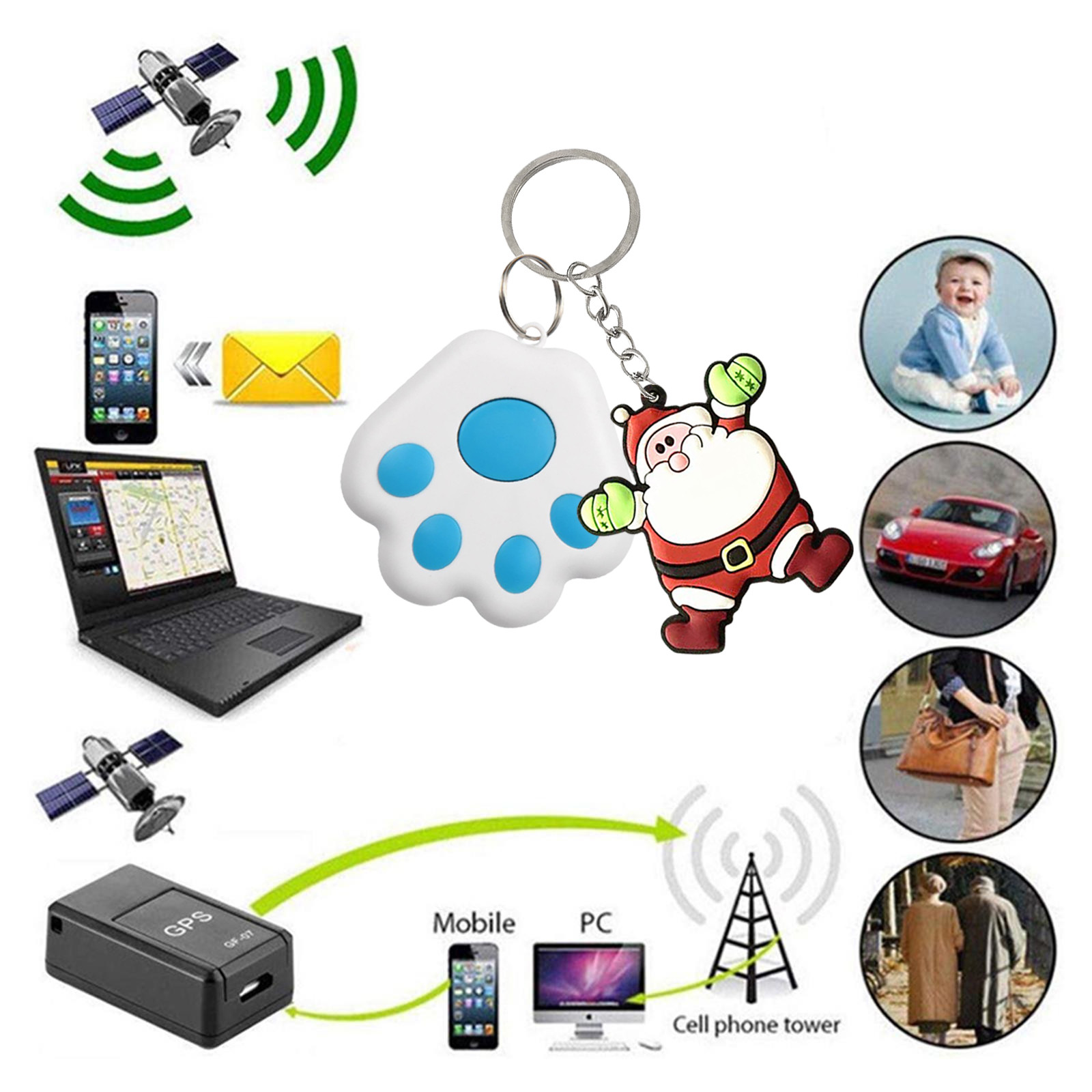 Smarter gps-tracker mit diebstahlsicherung, wasserdicht, mit alarmfunktion und alarm für kinder und haustiere, inklusive weihnachtsmann-schlüsselanhänger