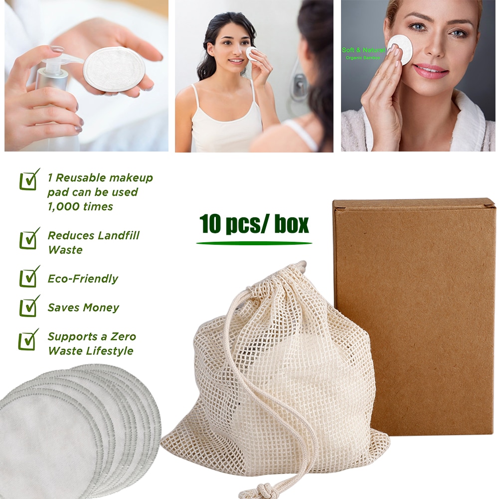 10 Stuks Make-Up Remover Pads Herbruikbare Make Up Facial Remover Bamboevezel Gezichtsverzorging Verpleging Pads Met Mesh Bag