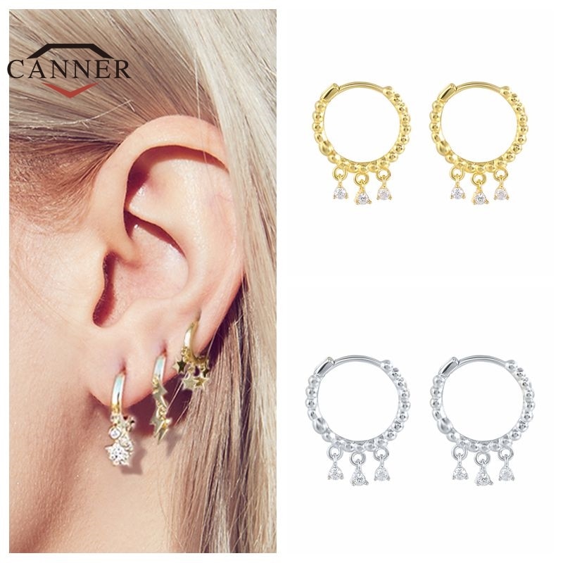 CANNER-Pendientes colgantes de estrella y Luna para mujer, de Plata de Ley 925, Piercing Huggie, Pendientes redondos, joyería