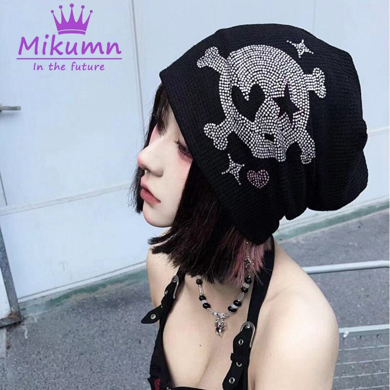 Bonnet Harajuku gothique Punk avec strass, noir, tricoté, Streetwear pour femmes et filles, Rock décontractée