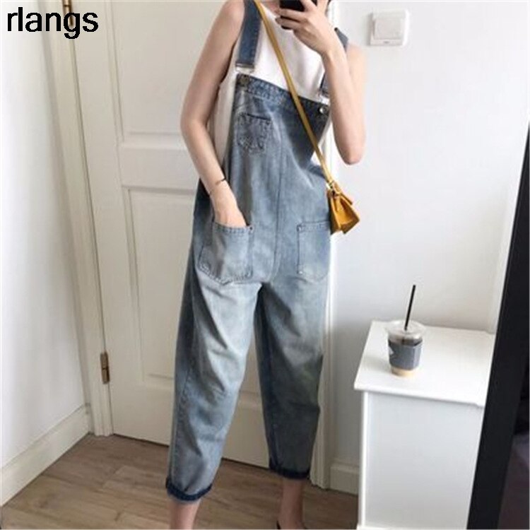 Net Red Denim Overalls Women's Spring And Summer Loose Korean Student Monster Cute Nine-Point Jeans XS-2XL