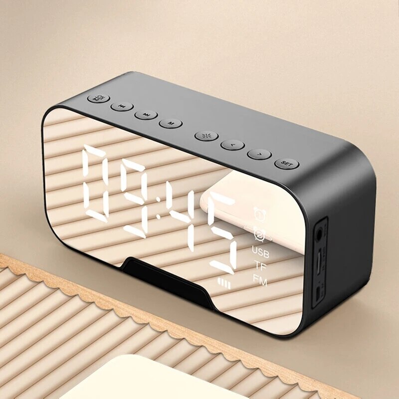 B126 Bluetooth 5.0 Speaker Wekker Nachtlampje Meerdere Speelmodi Led Display 360 ° Surround Stereo Geluid 1800Mah batterij: Black