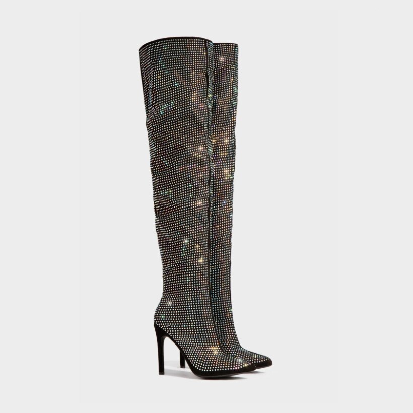 Luxe brillant strass ornement femmes cuissardes longues sur le genou côté Zip chaussures à talons hauts bottes grande taille 43