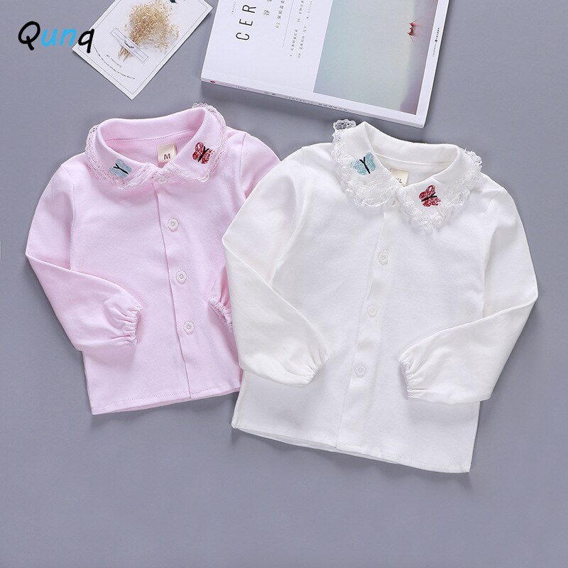 Qunq bebê meninas camisas de manga longa borboleta bordado primavera outono topos roupas único breasted cor sólida recém-nascidos camisas