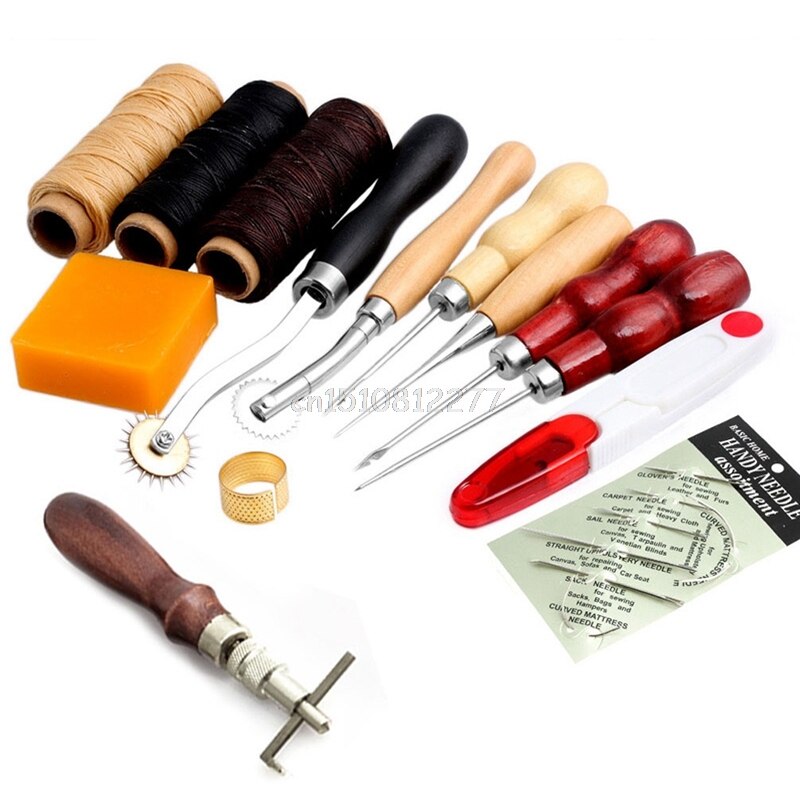 Dedal de madera encerado, tijera de aguja para coser cuero, Kit de herramientas para manualidades, accesorios de artesanía de cuero # H0VH # , 14 Uds.