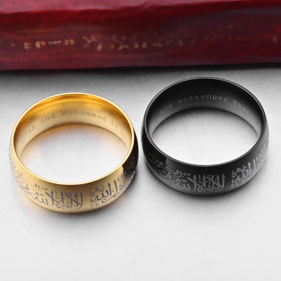 Bague religieuse de Allah pour hommes, 8MM, bague religieuse islamique arabe et musulmane, en acier inoxydable, avec Shahada en écriture arabe et anglaise