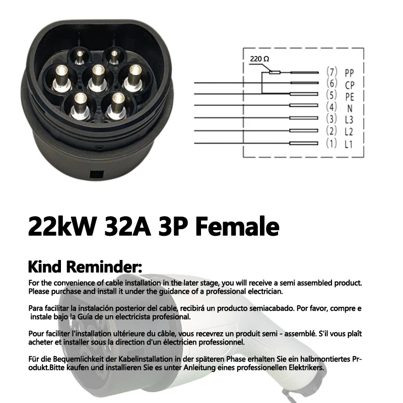 FITMPH Type 2 EV Female Charger Plug 3 Phase 32A 22kW IEC 62196-2 Connector for Electric Vehicle Charging - Connect to EV Side: SKY BLUE