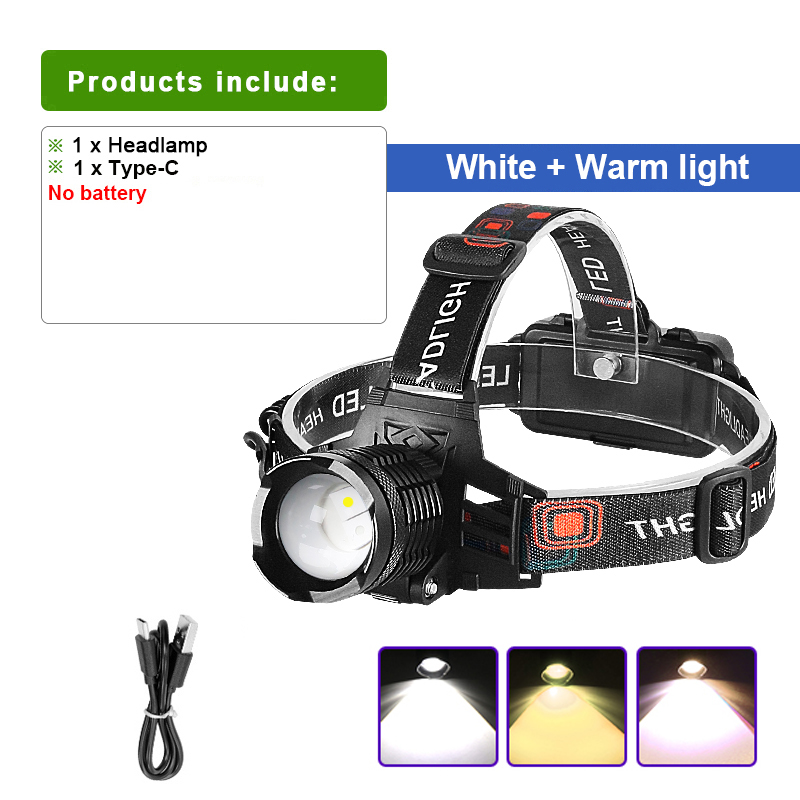 Warm/White Powerful LED Headlamp Fishing Headlight Rechargeable Head Flashlight High Power Outdoor 18650 Head Lamp Fishing Light: Yellow