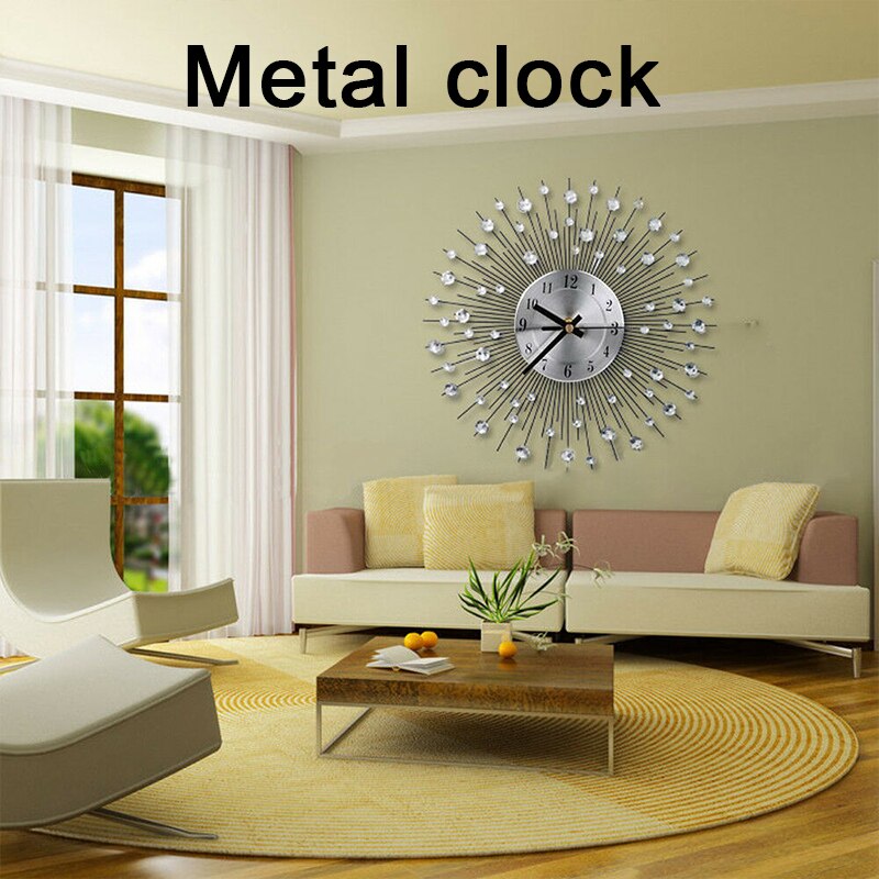 Horloge murale Vintage en métal et cristal, grand format, 33cm, décoration artistique pour la maison, miroir, soleil, argent