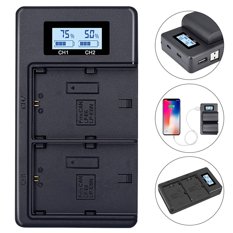 Lp-E6 Battery Charger Lcd Dual Charger For Canon Eos 5Ds R 5D Mark Ii 5D Mark Iii 6D 7D 80D Eos 5Ds R Camera