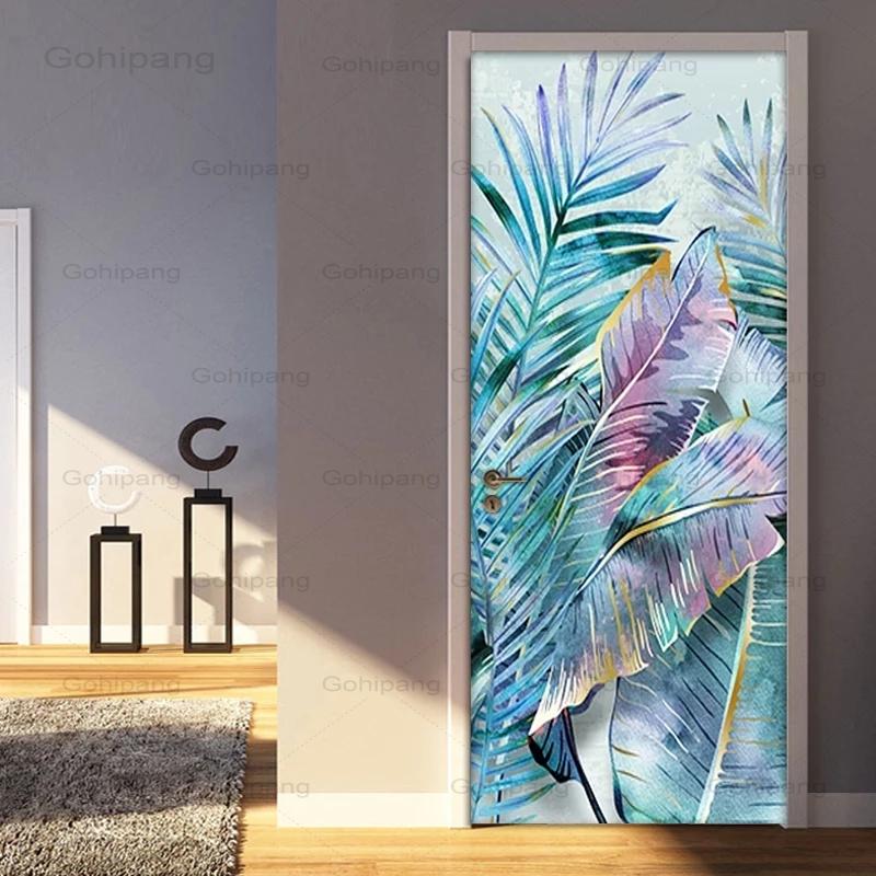 Pegatina de puerta de hojas de plantas, papel tapiz moderno para sala de estar, dormitorio, 3D, Pvc, impermeable, autoadhesivo, Mural de puerta, papeles de pared, decoración del hogar