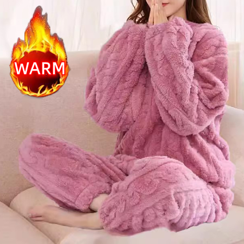 Kvinders pyjamassæt vinter nattøj o-hals løs langærmet top elastisk talje ben buksesæt bukser plus størrelse matchende sæt
