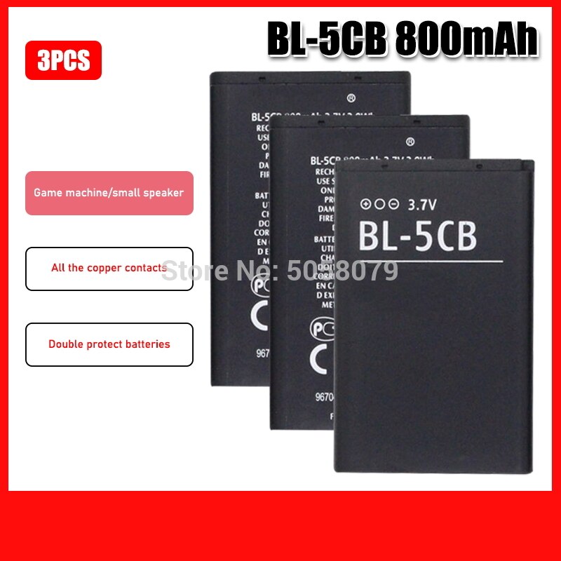 BL-5CB BL5CB 800mAh Replacement Battery For Nokia 1616 1800 c1-02 1280 E60 3600 3660 6620 6108 3108 2135 6086 6108 6230: 3pcs