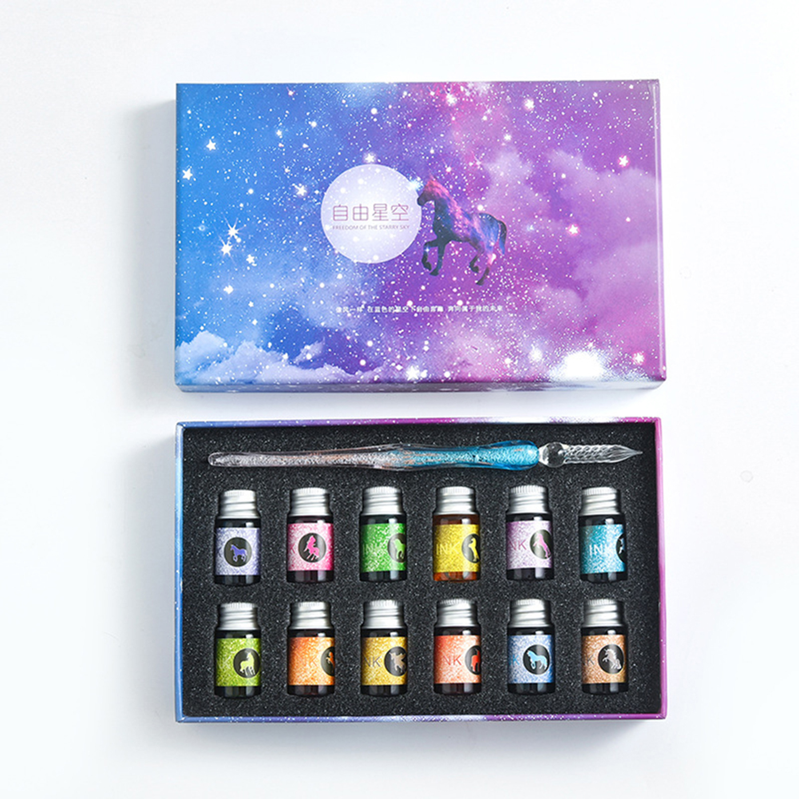 Calligraphy Glass Dip Pen Ink Set Portable DIY Markers Pen For Birthday: Blue