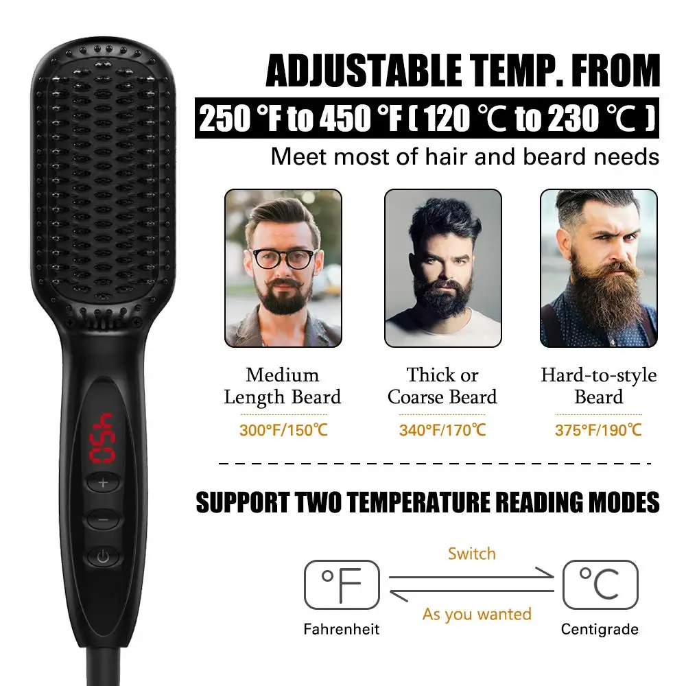 Peine alisador de barba y pelo, cepillo eléctrico de cerámica para alisar el pelo en seco y húmedo, doble uso para bigote