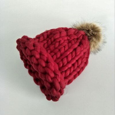 Kvinders vinter pompon uld hat grove linjer udendørs varm hat beanie strikket hat flerfarvet valgfri: Rød 2