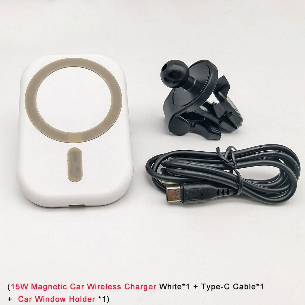 15W Magnetic Car Wireless Charger - Fast Charging Holder for iPhone 12 Series - Type-C: White n Clamp