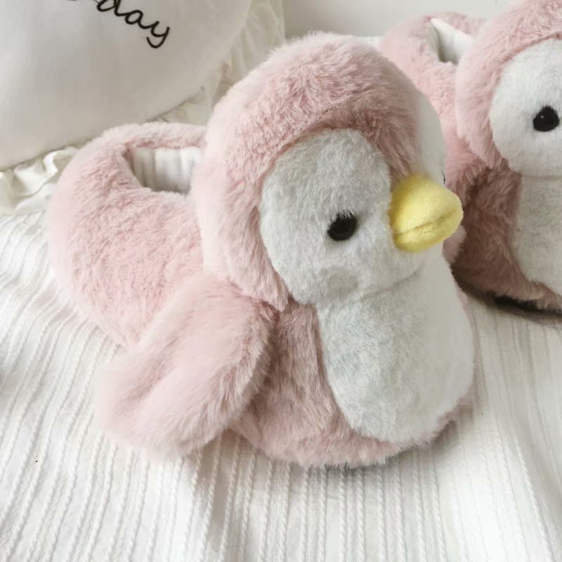 Girl Indoor Pink Penguin Warm Women Slippers Cute Animal Winter Home Cotton Plush Head Silent Indoor Flor Female Shoes