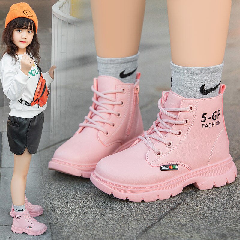 Herfst Kids Laarzen Meisjes Lederen Schoenen Effen Kleur Mode Kinderen Enkellaarsjes Antislip Martin Laarzen Roze Zwart korte Laarzen