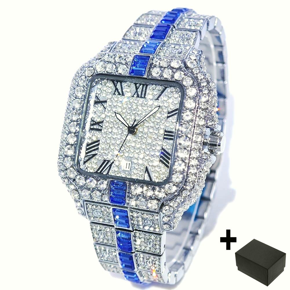 Luxury Red Diamond Watches Men Brand UNIGUET Hip Hop Iced Bling Jewelry Wristwatch Man Waterproof Square Quartz Clocks: Rose