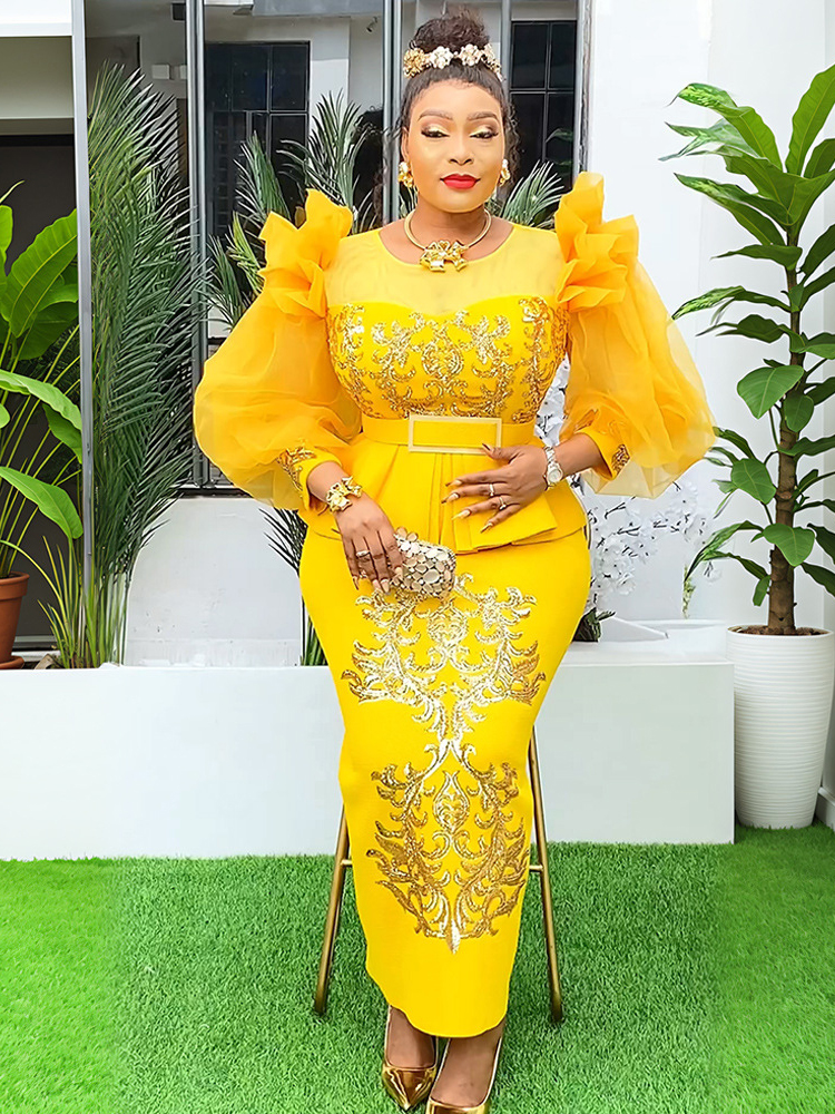 Sommarfestklänningar damer lyxiga bodycon maxi-badrock puffärmade klänningar afrikanska kläder bröllopsbalklänningar: L / Gul