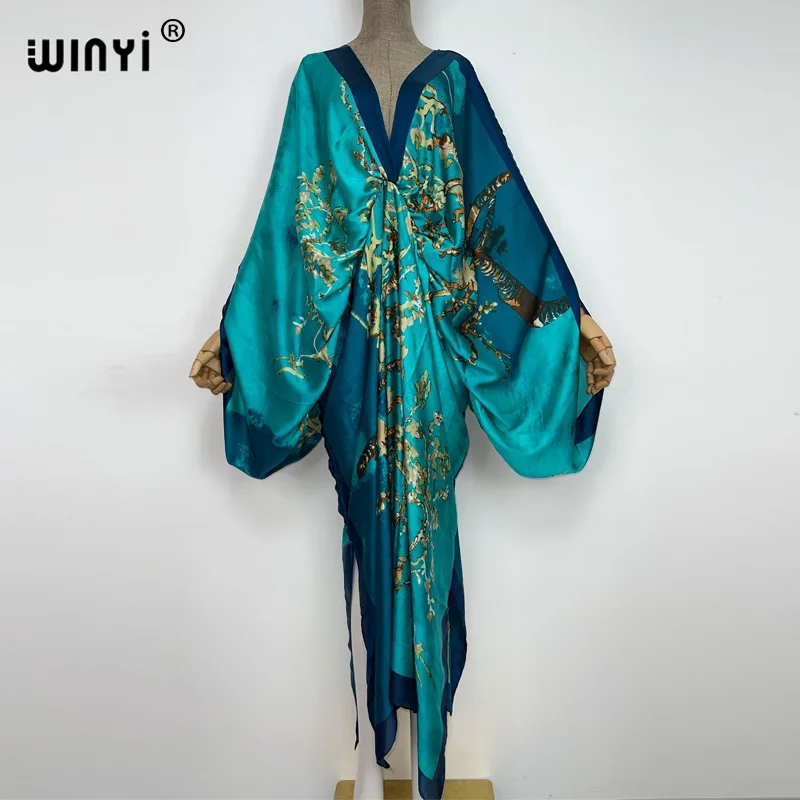 WINYI Bohemian Deep V-neck Floral europea For Lady Free Size Loose Batwing Beach cover up Party Kaftan Dress
