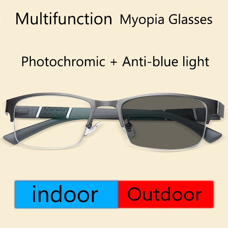 Outdoor Intelligent Photochromic Myopia Glasses Men Women Anti-Blue Ray Anti-fatigue Computer Myopia Eyeglasses Half-Frame 2.5