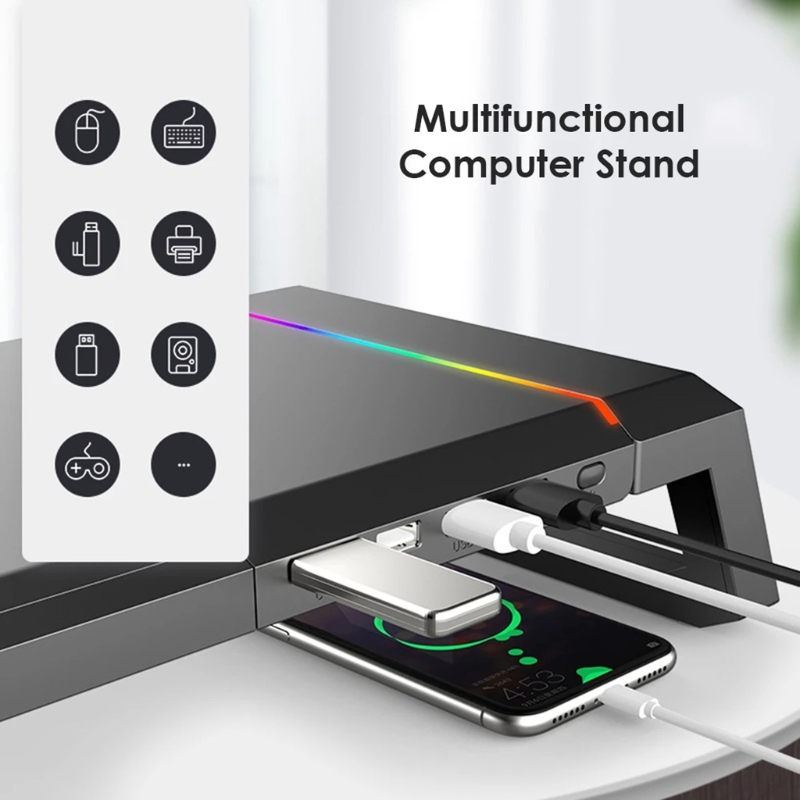 T1 Universal Monitor Stand Riser RGB Support with 4 USB2.0 Charging Desk Organizer Holder Bracket for Laptop Computer