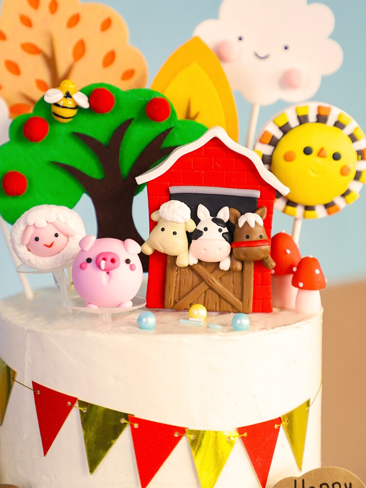 Boerderij Cake Topper Dier Koe Paard Cartoon Verjaardagsfeestje Baby Decoratie Kinderen Zonnebloem Serie Gelukkig Douche Bakken Taart
