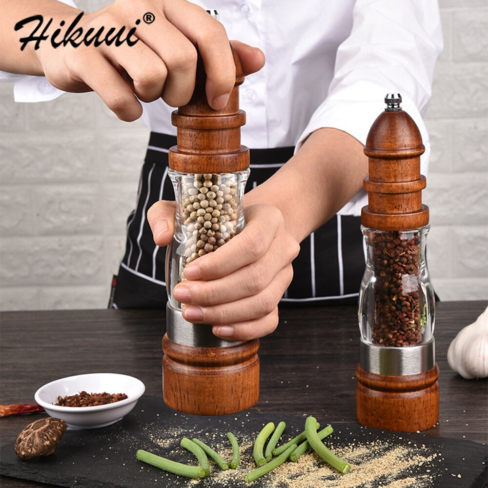 Antieke Peper Zout Molen Grinder Massief Hout En Acryl Fles Hand Keramische Slijpen Mechanisme Spice Peper Keuken Bbq Mills