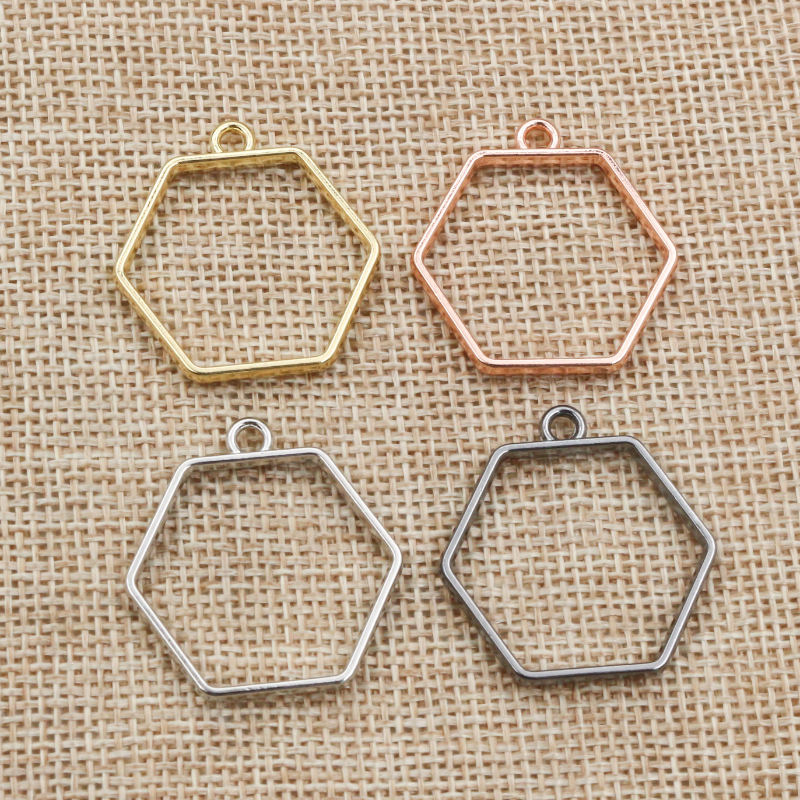 10 unidades, bandeja colgante de resina epoxi hexagonal de 29x28mm con marco metálico hueco de aleación de Zinc para accesorios de fabricación de joyas DIY