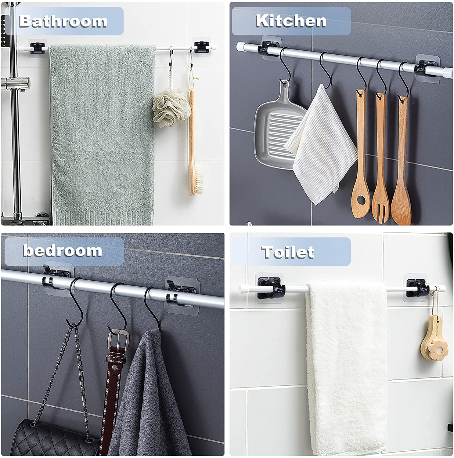 4PCS Curtain Rod Hooks Brackets Self Adhesive Curtain Rod Holder Hooks Adjustable Curtain Rod Hooks Curtain Hangers for Bathroom
