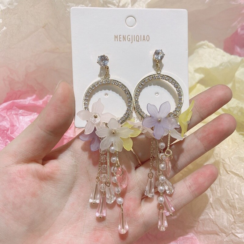 MENGJIQIAO Koreanische Elegante Strass Kreis Kristall Quaste Ohrringe Für Frauen Mädchen Acryl Blume Ohrringe Schmuck