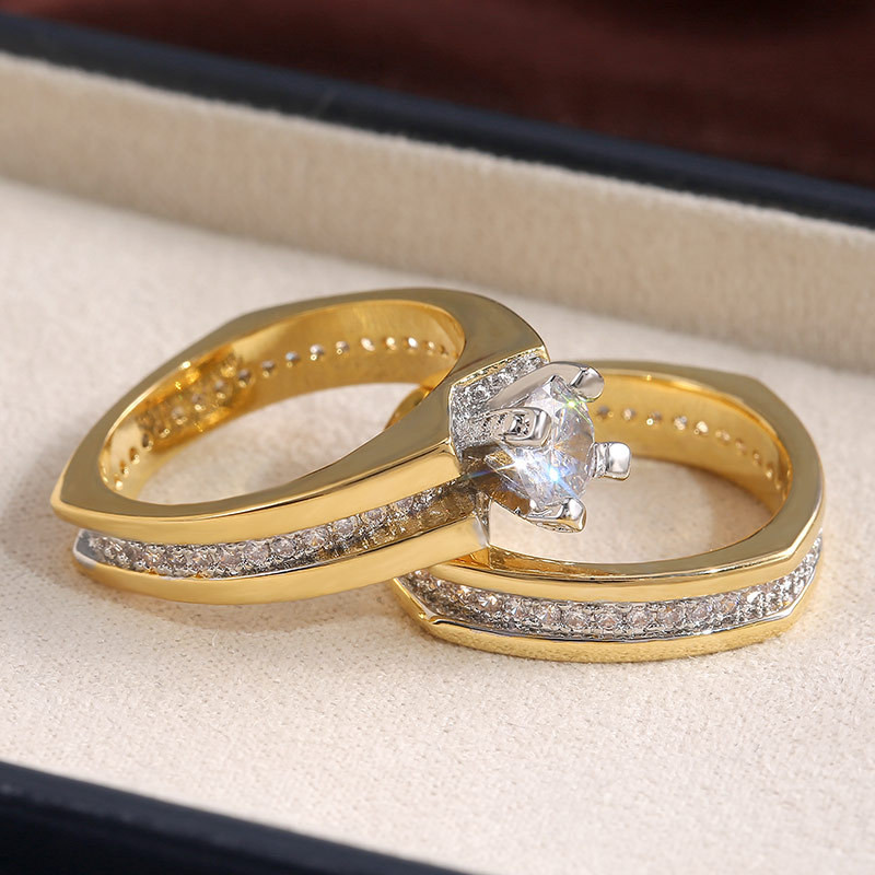 Tobilo 2 stk brude sæt ring luksus guld farve geometrisk form bryllup smykker kvinder micro pave cz dame forslag forlovelsesringe