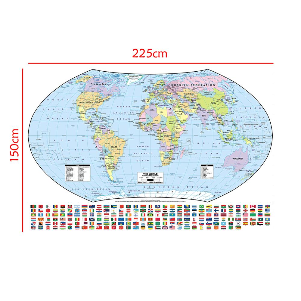 De Wereld Hamer Projectie Kaart Met Nationale Vlaggen Voor Cultuur En Onderwijs 150X225 Cm Non-woven Wereld kaart