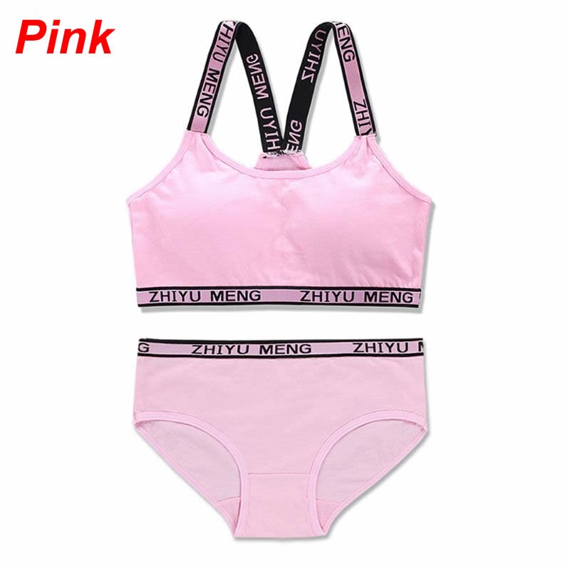 Teen Girls Underwear Soft Padded Cotton Letter Print Bra Set for Young Girls for Yoga Sports Running Free Size: Pink