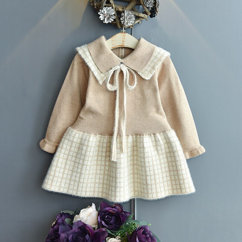 Meisjes Truien Jurk 2022 Herfst Winter College Stijl Gebreide Plaid Jurk Prinses Jurk Peuter Meisje Winter Kleding: Khaki / 5-6T