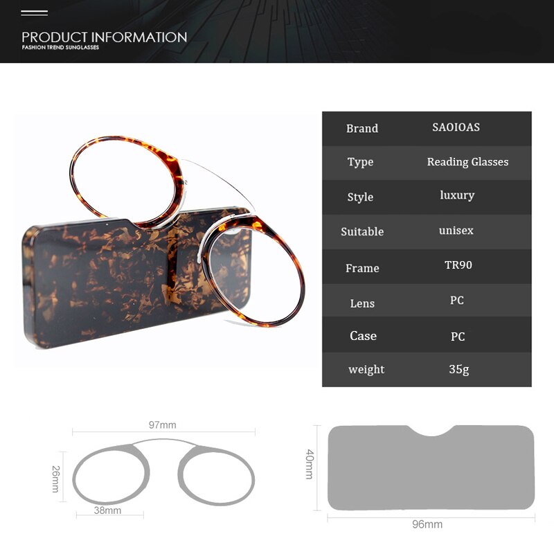 SAOIOAS TR90 plegable Clip nariz gafas de lectura hombres mujeres fácil de llevar con caja de tarjeta redonda gafas de prescripción hombres + 1,0 + 2,0 + 2,5