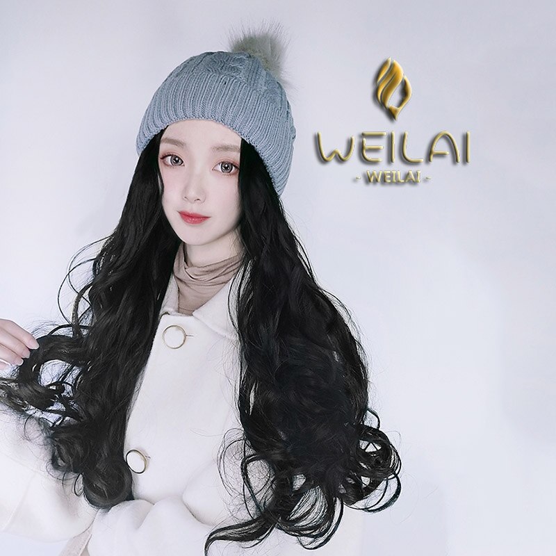 Peluca WEILAI de mujer de pelo largo de otoño e invierno coreano más terciopelo acolchado de punto de felpa Peluca de sombrero una mujer de pelo largo rizado ondas