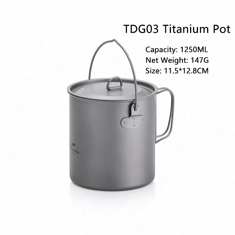 Naturehike 2-3 Personen Titanium Pot Pan Servies Outdoor Toeristische Draagbare Ultralight Camping Kookgerei Picknick Uitje Wandelen: 1250ml-Titanium Pot