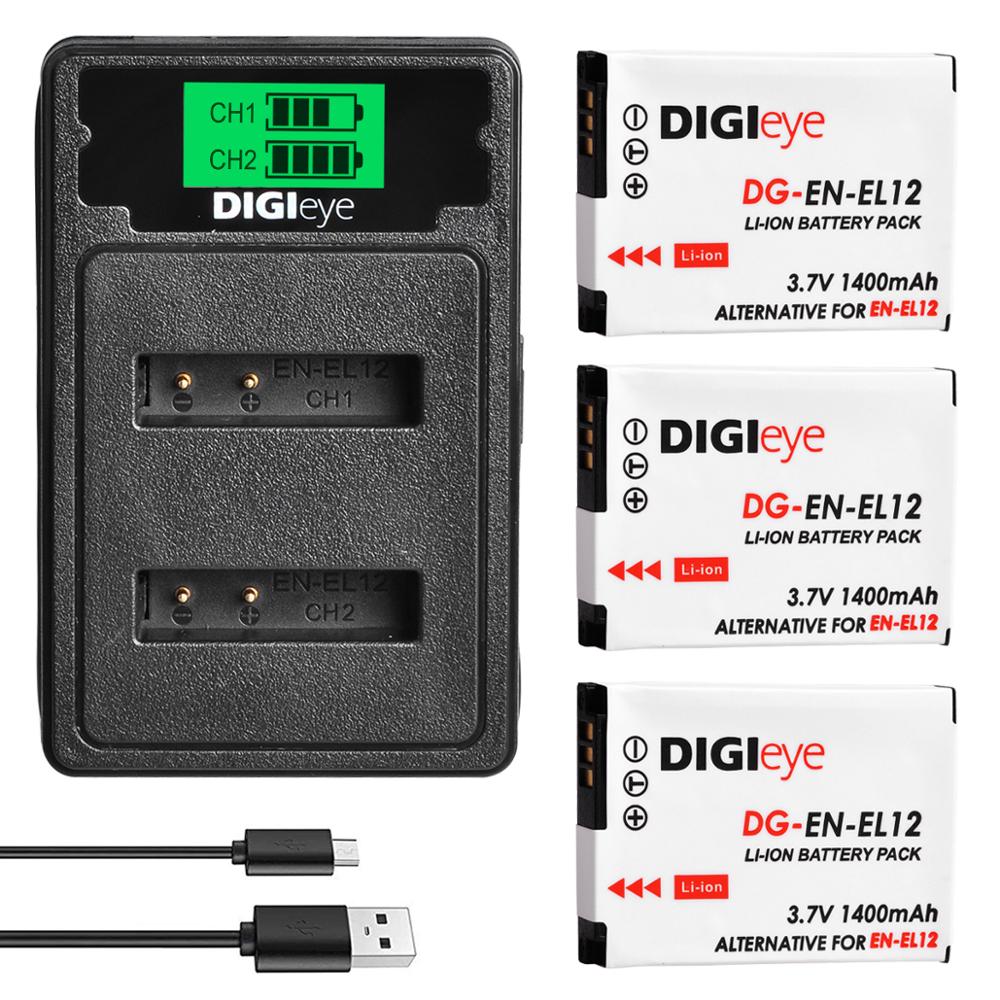 EN-EL12 ENEL12 Battery + LCD Dual USB Charger for Nikon Coolpix A1000 B600 W300 A900 AW100 AW110 S6300 S8100 S9300 P310: 3 battery set