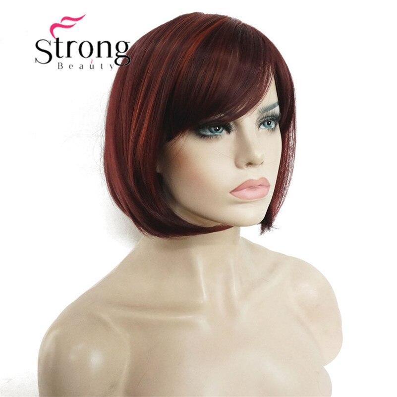 StrongBeauty Kurze Gerade Braun Hervorgehoben Bob Seite Gefegt Pony Synthetische Perücke FARBE ENTSCHEIDUNGEN: H-WG998 35-135