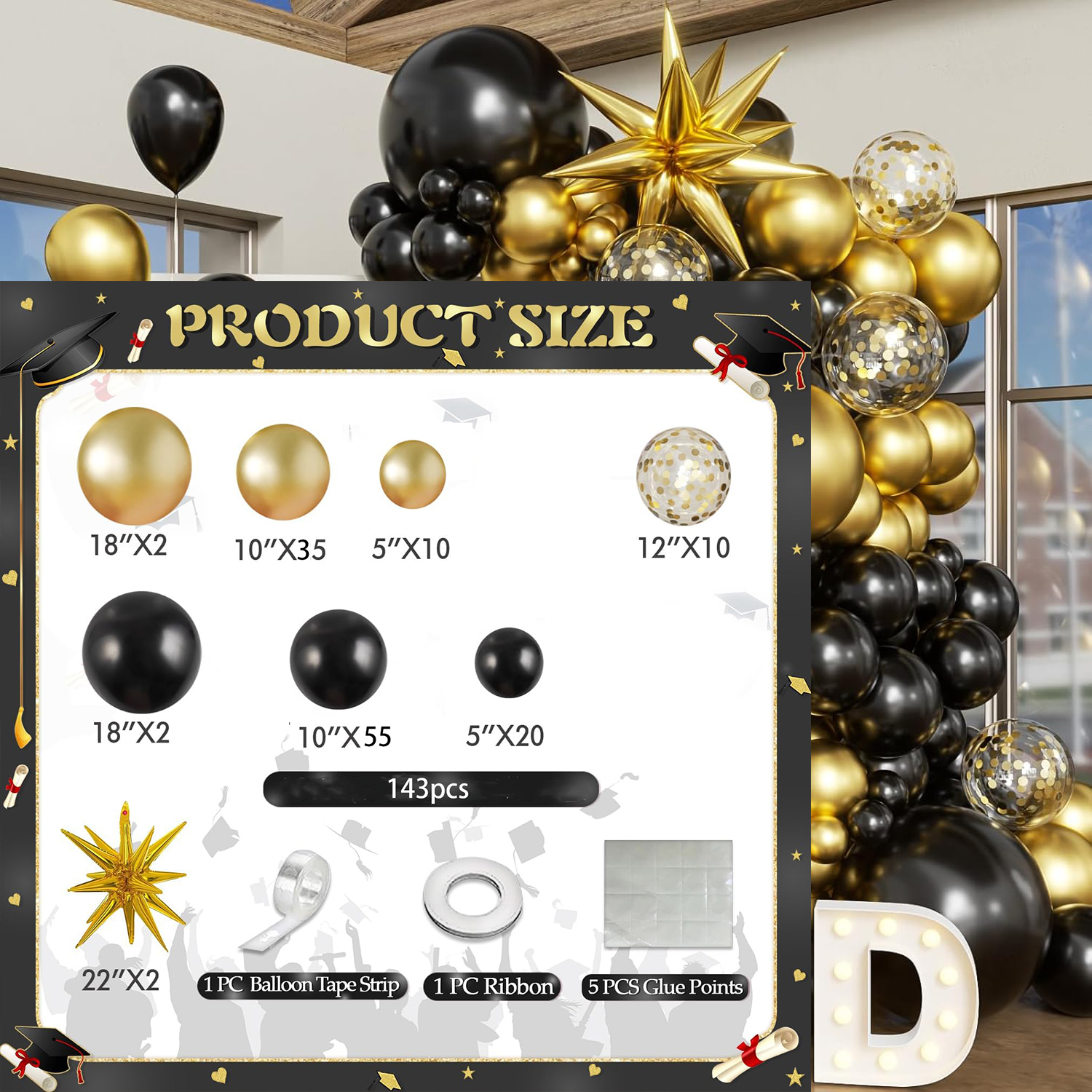 El juego de arco de globos de graduación incluye decoraciones de arco de globos azul, blanco y dorado, adecuadas para decoraciones de clase de 2025: Negro